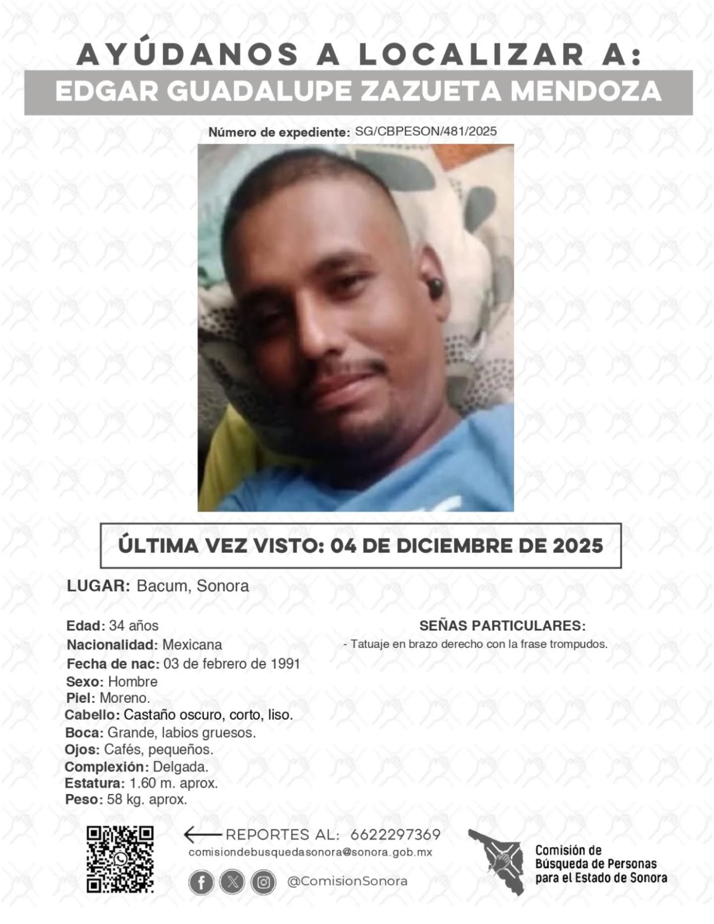 EDGAR GUADALUPE ZAZUETA MENDOZA - DESAPARECIDO