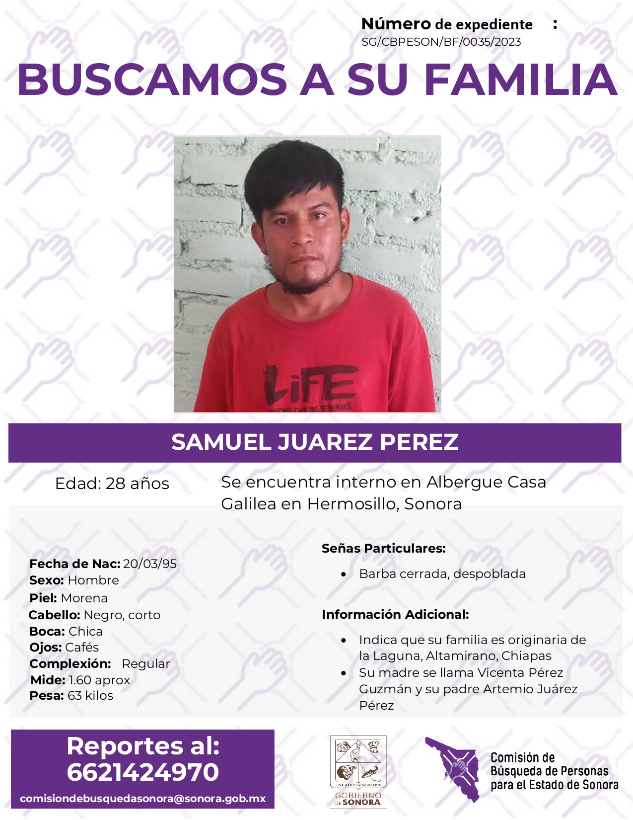 Comisión de Búsqueda de Personas para el Estado de Sonora - SAMUEL JUAREZ  PEREZ - BUSQUEDA DE FAMILIA