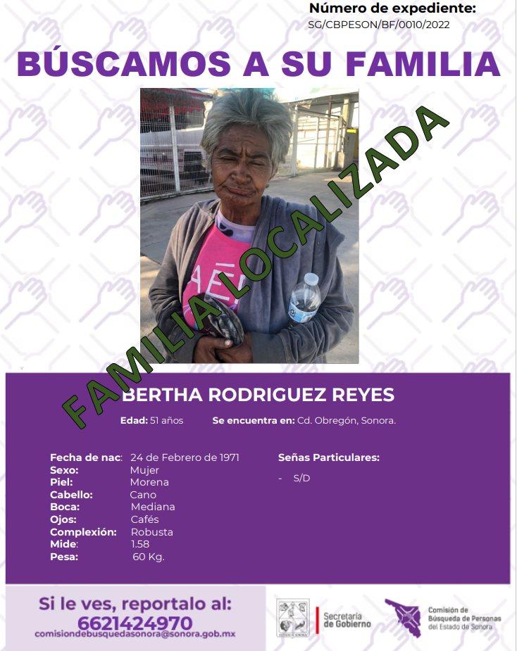 BERTHA RODRIGUEZ REYES - FAMILIA LOCALIZADA