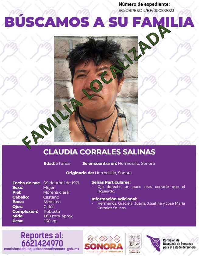 CLAUDIA CORRALES SALINAS - FAMILIA LOCALIZADA