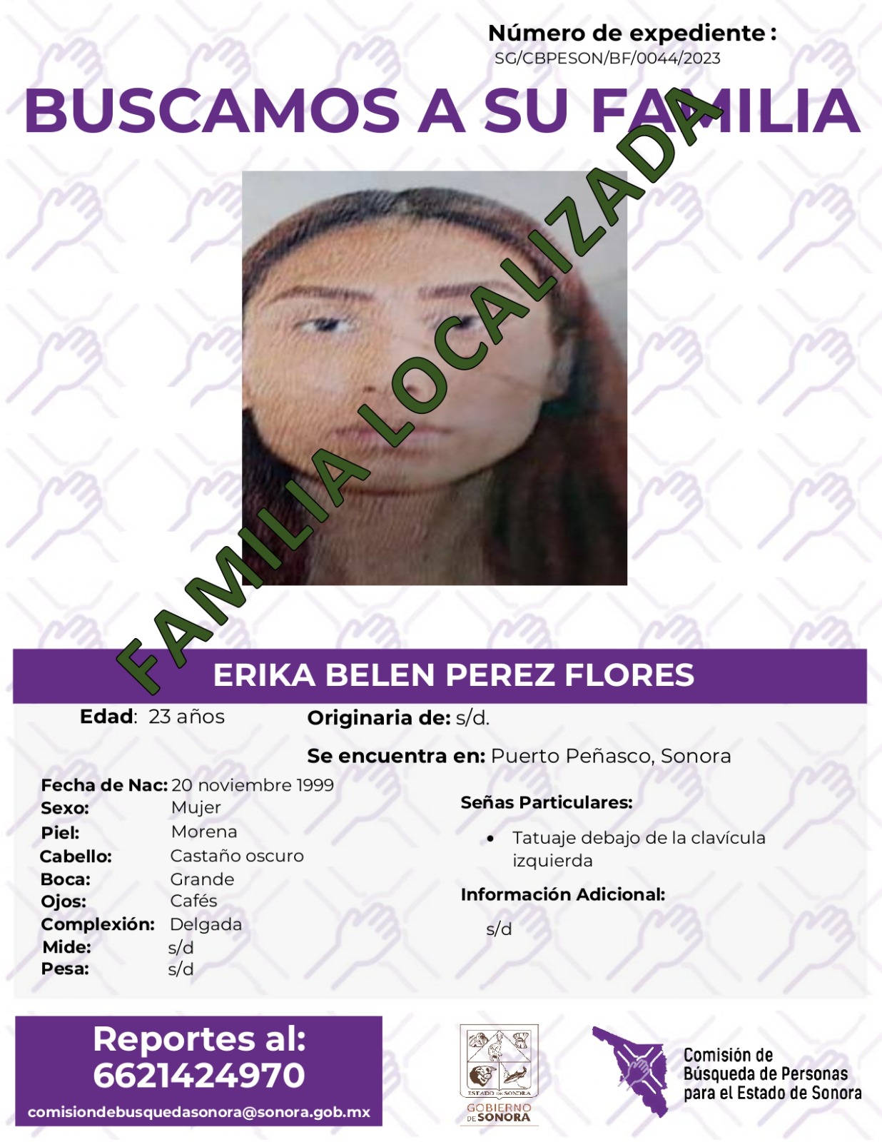 ERIKA BELEN PEREZ FLORES - FAMILIA LOCALIZADA