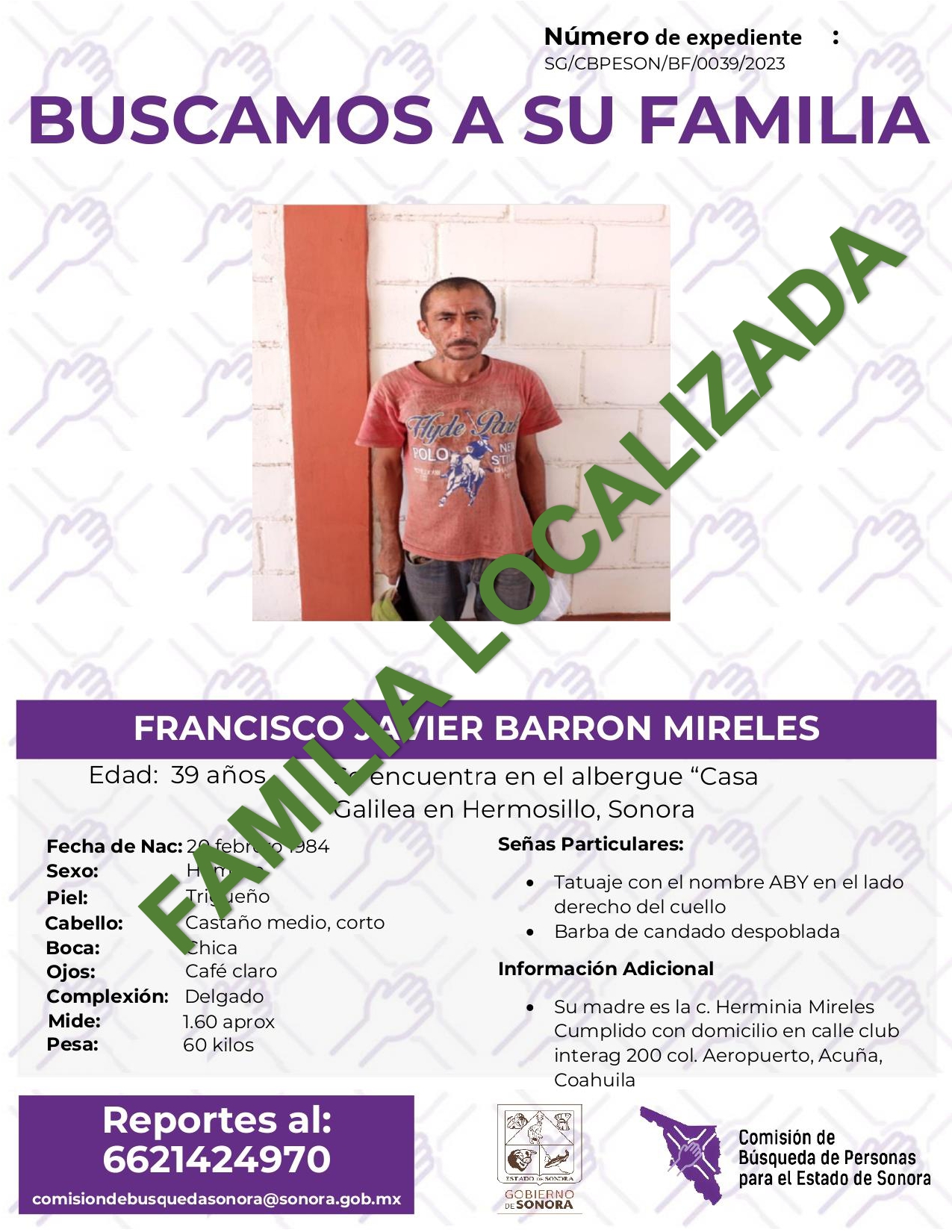 FRANCISCO JAVIER BARRON MIRELES - FAMILIA LOCALIZADA