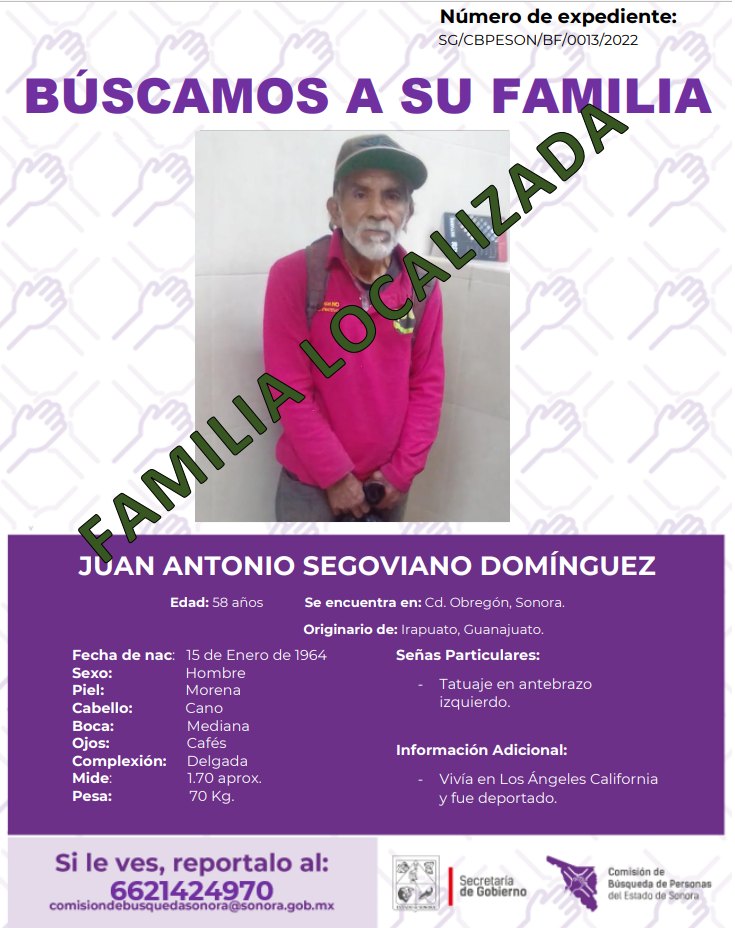 JUAN ANTONIO SEGOVIANO DOMINGUEZ - FAMILIA LOCALIZADA