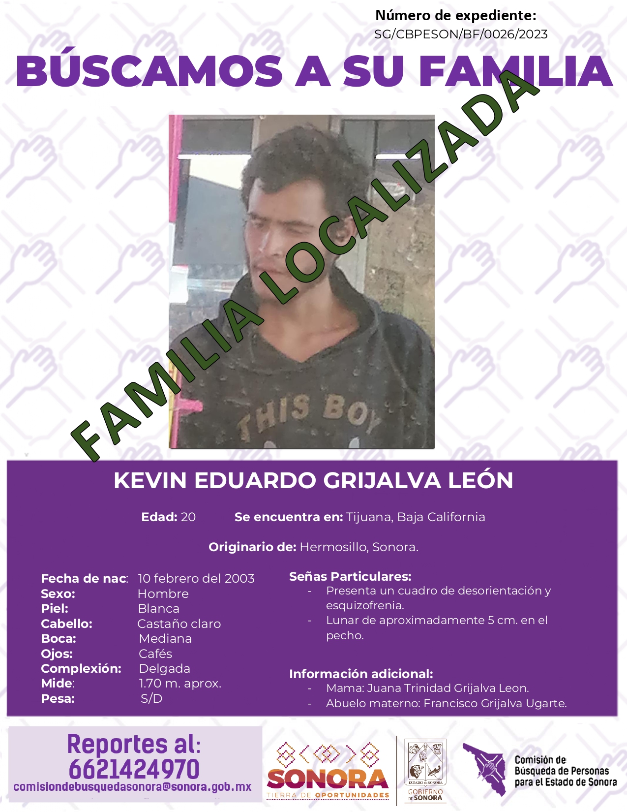 KEVIN EDUARDO GRIJALVA LEON - FAMILIA LOCALIZADA