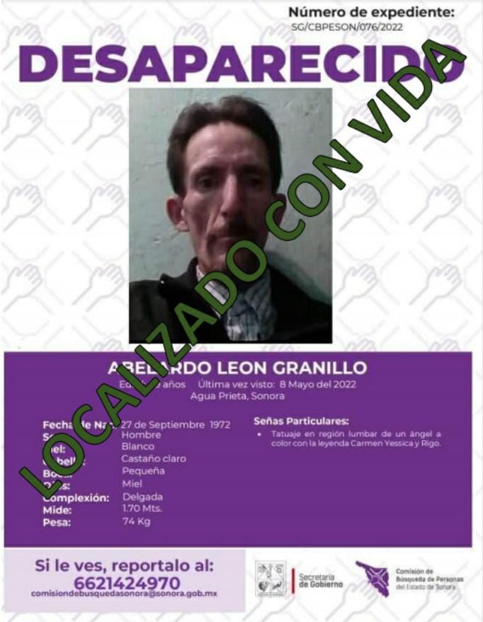 ABELARDO LEON GRANILLO - LOCALIZADO CON VIDA