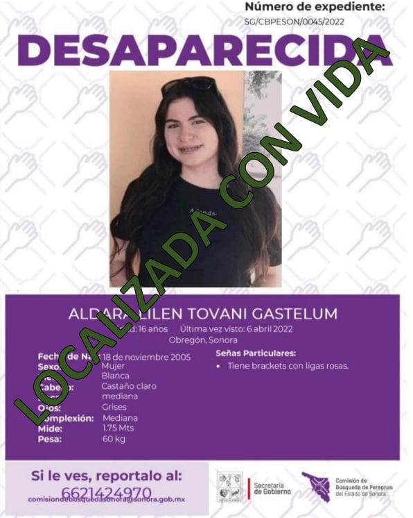 ALDARA LILEN TOVANI GASTELUM - LOCALIZADA CON VIDA