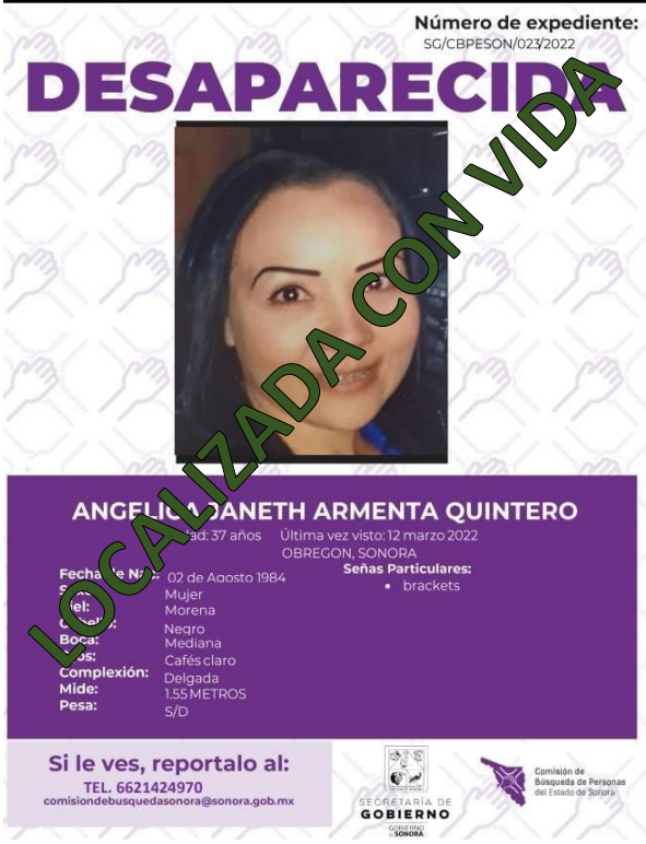 ANGELICA JANETH ARMENTA QUINTERO - LOCALIZADO CON VIDA