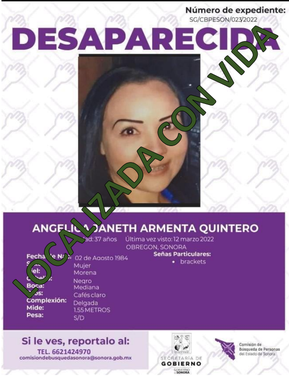 ANGELICA JANETH ARMENTA QUINTERO - LOCALIZADA CON VIDA