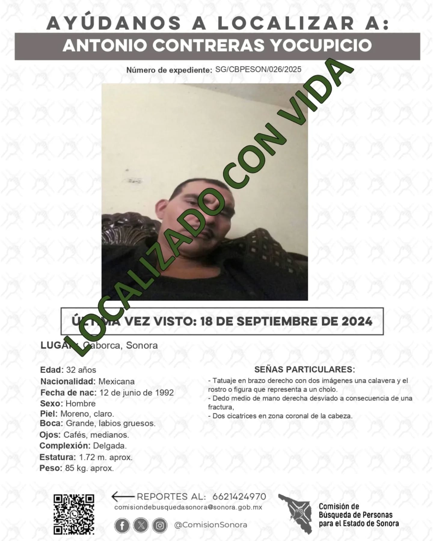 ANTONIO CONTRERAS YOCUPICIO - LOCALIZADO CON VIDA