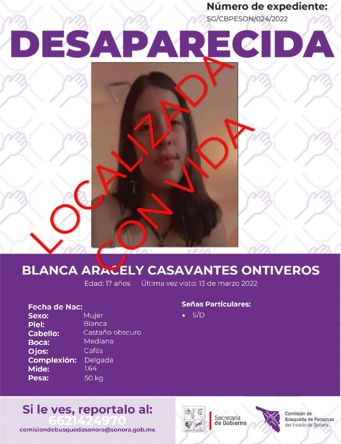 BLANCA ARACELY CASAVANTES ONTIVEROS - LOCALIZADO CON VIDA