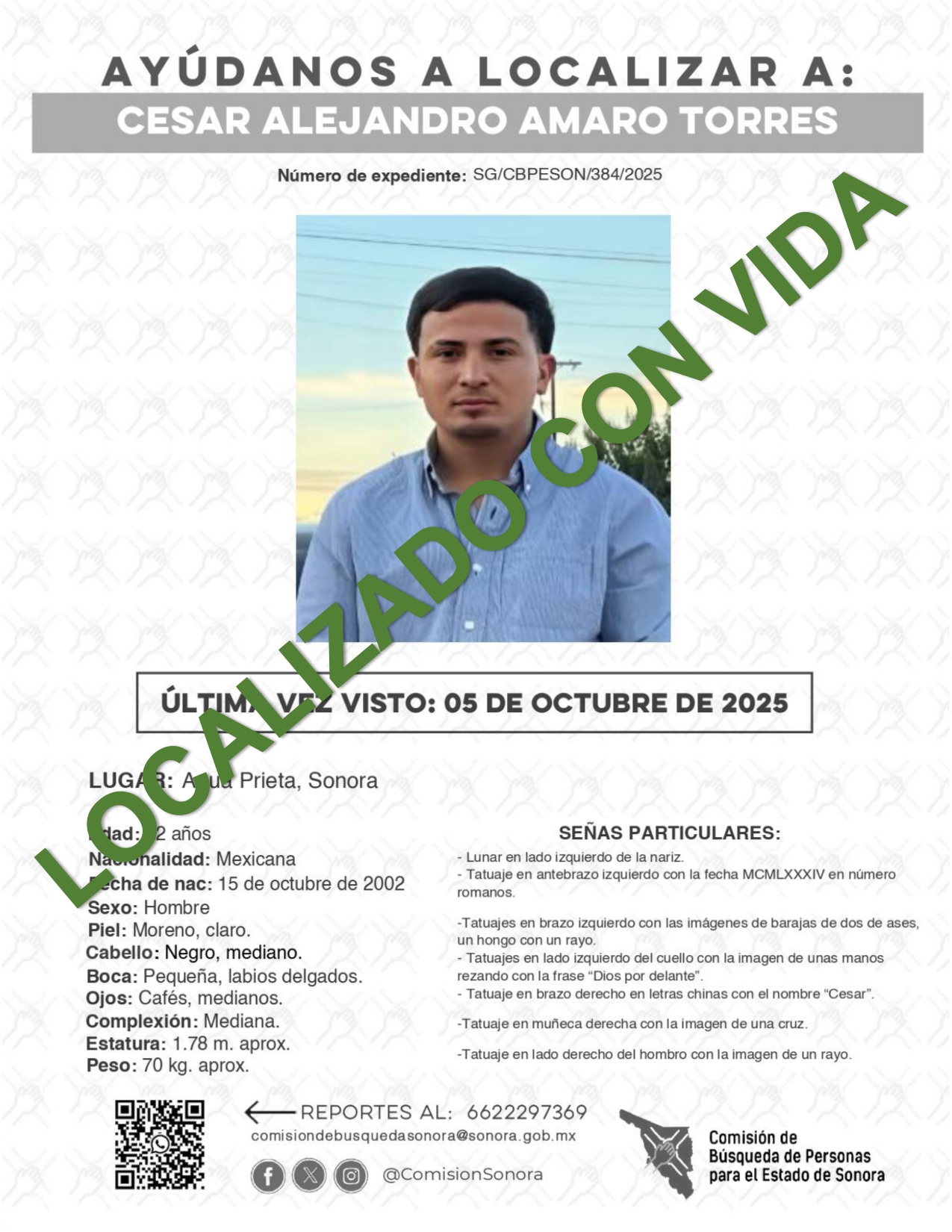 CESAR ALEJANDRO AMARO TORRES - LOCALIZADO CON VIDA