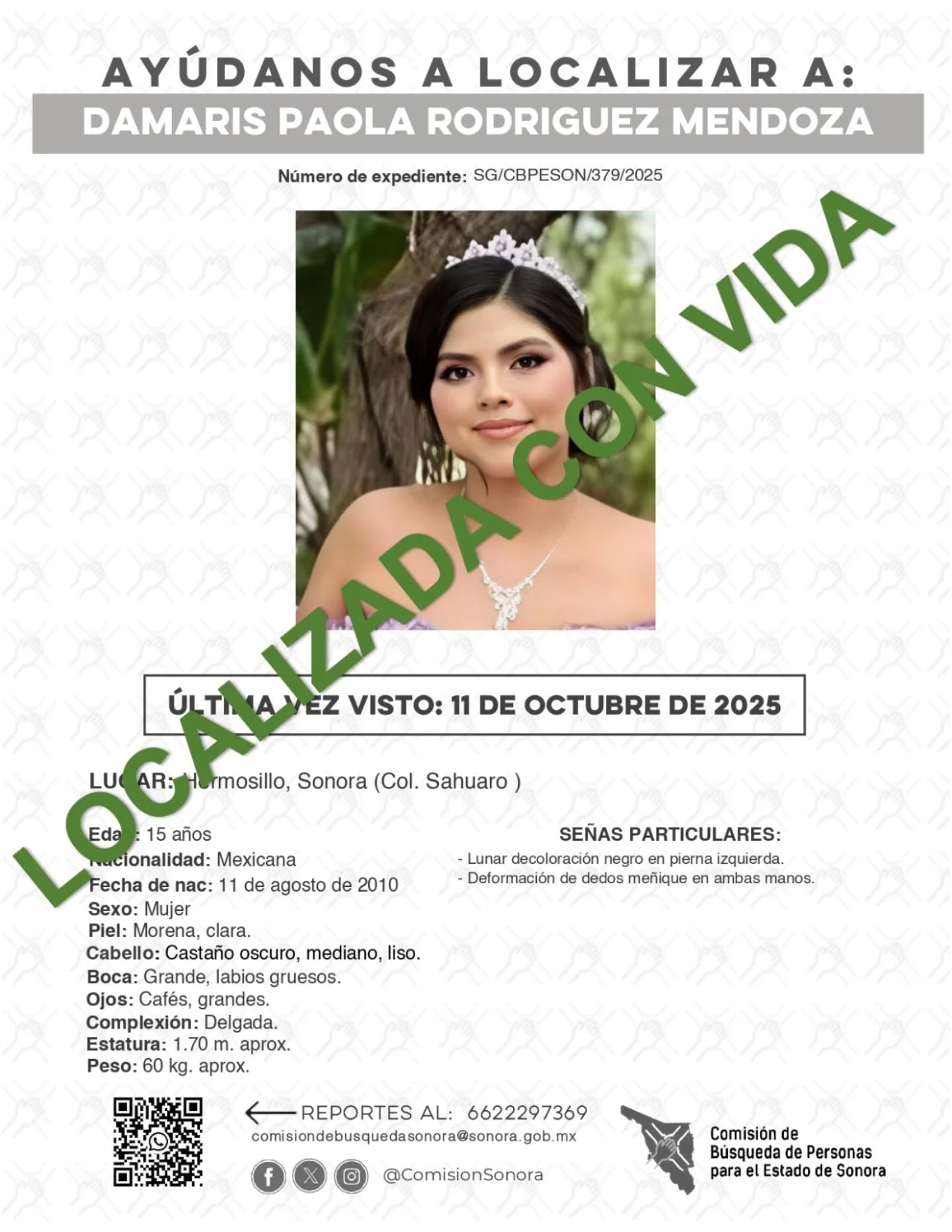 DAMARIS PAOLA RODRIGUEZ MENDOZA - LOCALIZADA CON VIDA