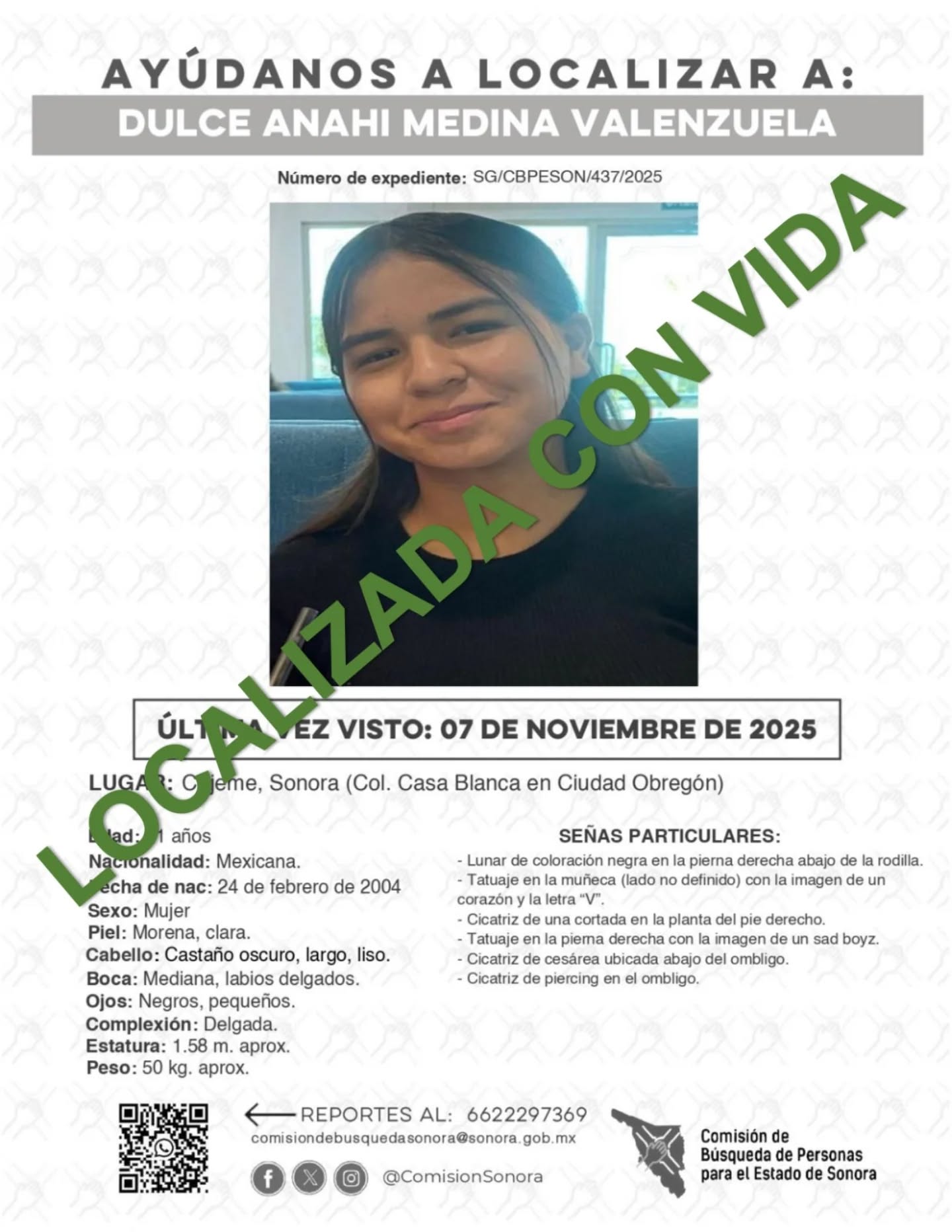 DULCE ANAHI MEDINA VALENZUELA - LOCALIZADA CON VIDA