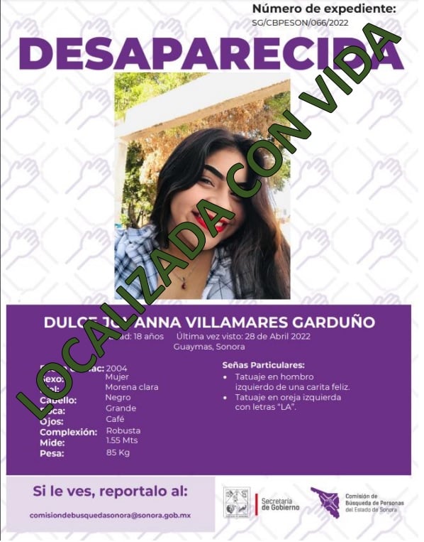 DULCE JOVANNA VILLAMARES GARDUÑO - LOCALIZADA CON VIDA