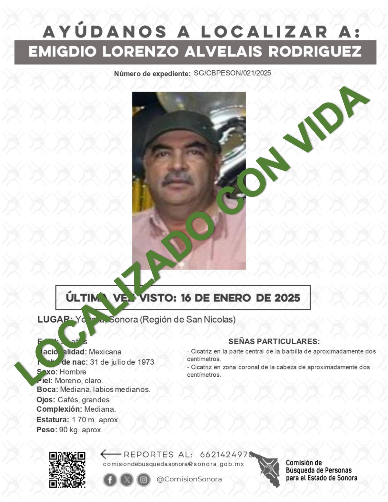 EMIGDIO LORENZO ALVELAIS RODRIGUEZ - LOCALIZADO CON VIDA