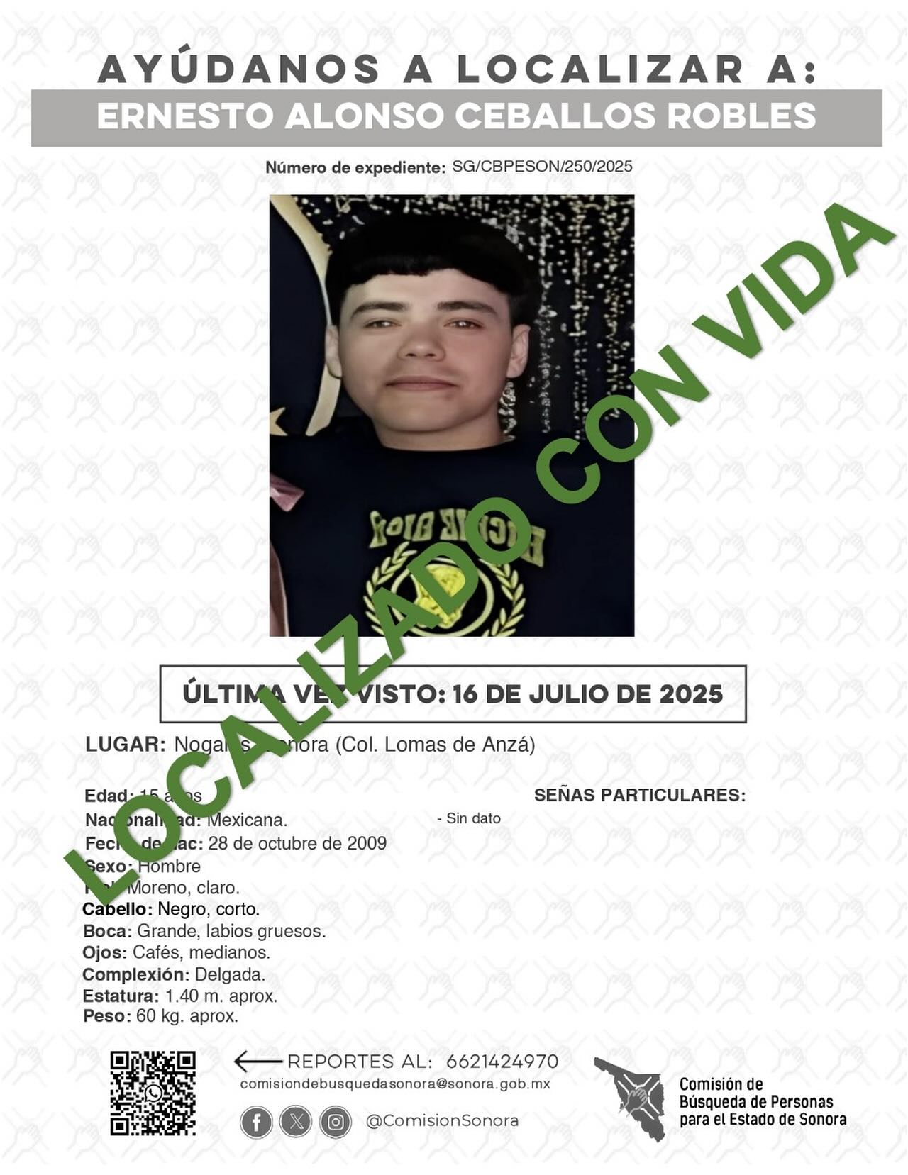 ERNESTO ALONSO CEBALLOS ROBLES - LOCALIZADO CON VIDA