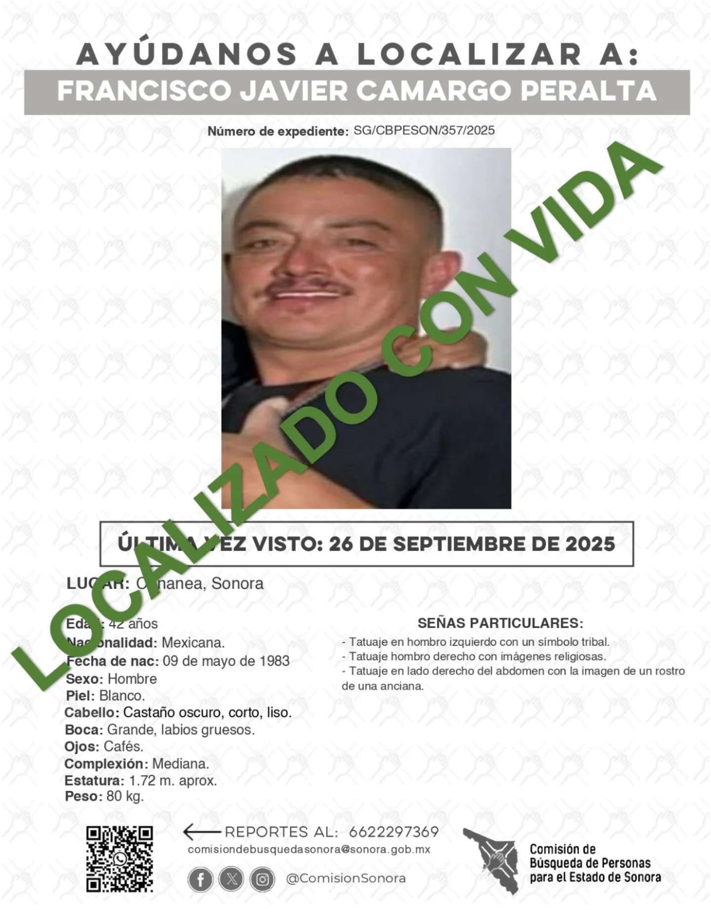 FRANCISCO JAVIER CAMARGO PERALTA - LOCALIZADO CON VIDA