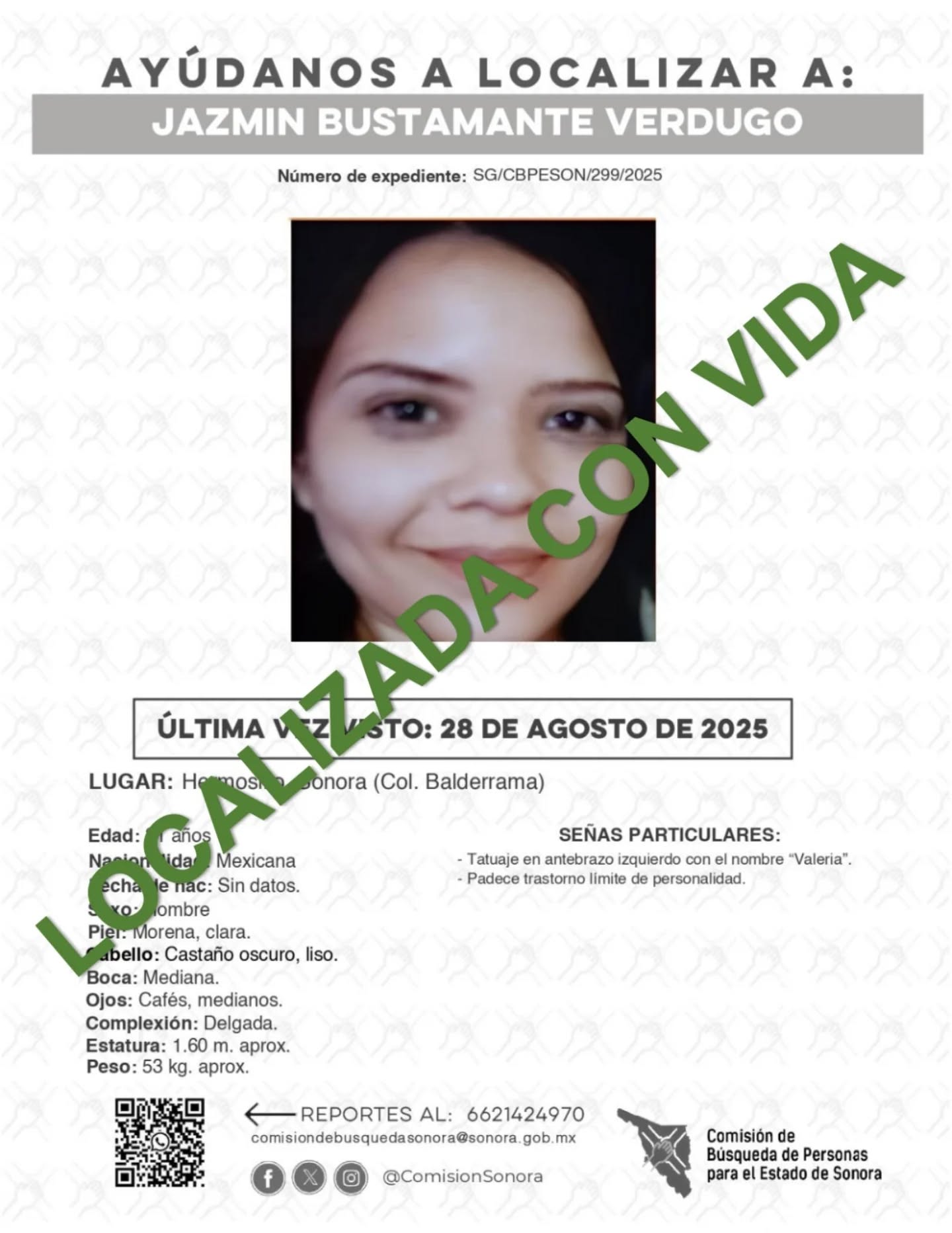 JAZMIN BUSTAMANTE VERDUGO - LOCALIZADA CON VIDA