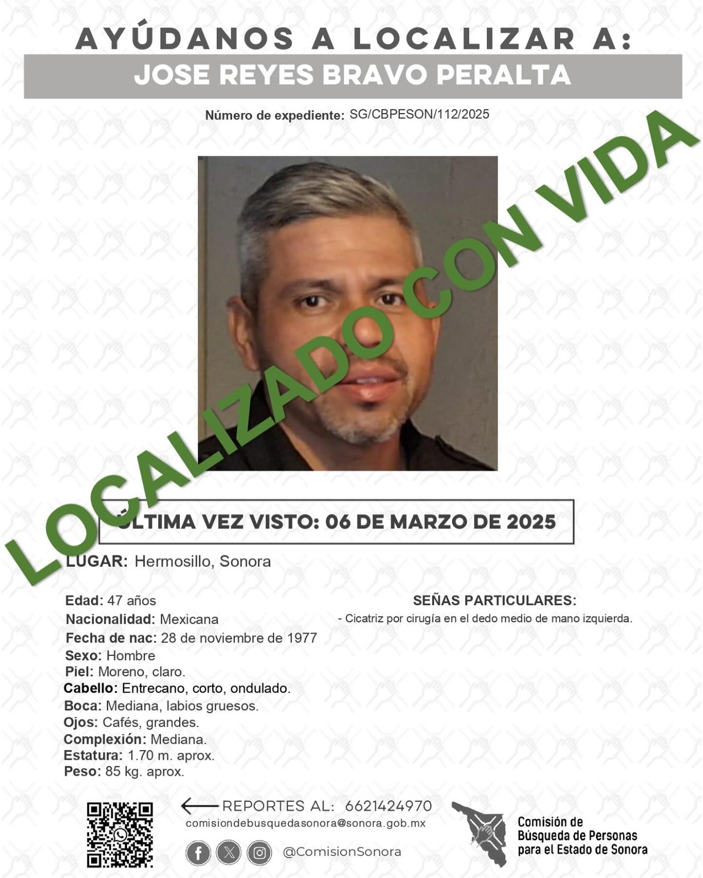 JOSE REYES BRAVO PERALTA - LOCALIZADO CON VIDA