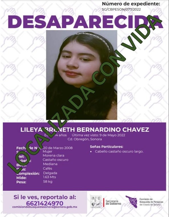 LILEYA BRENETH BERNARDINO CHAVEZ - LOCALIZADA CON VIDA
