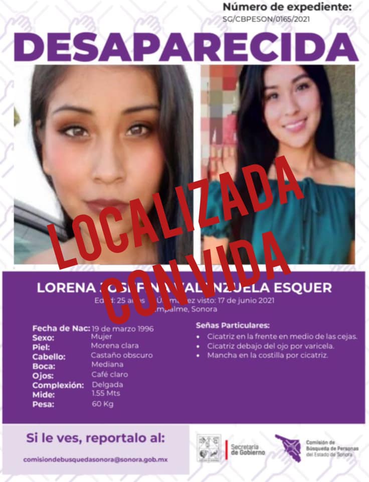 LORENA JOSEFINA VALENZUELA ESQUER - LOCALIZADA CON VIDA
