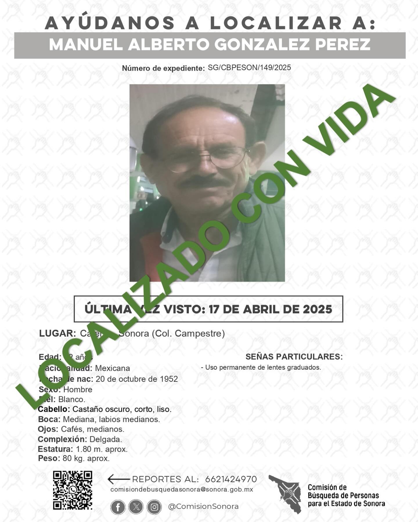 MANUEL ALBERTO GONZALEZ PEREZ - LOCALIZADO CON VIDA