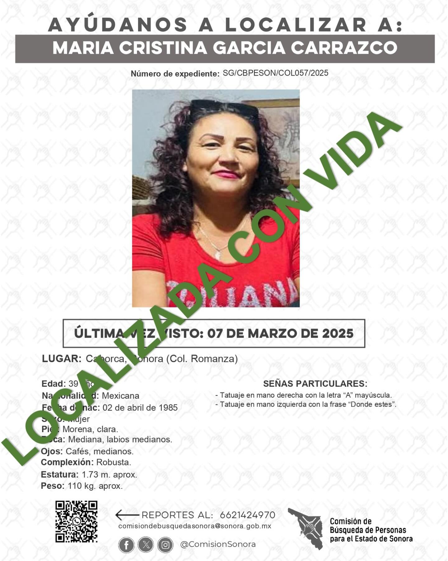 MARIA CRISTINA GARCIA CARRAZCO - LOCALIZADA CON VIDA