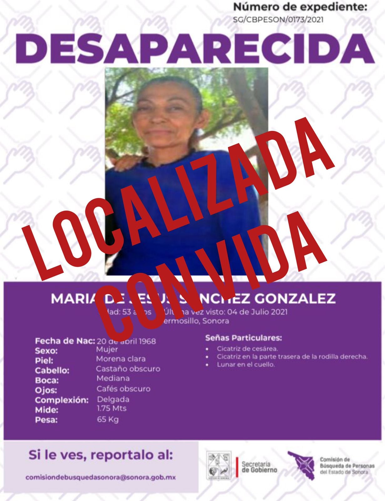 MARIA DE JESUS SANCHEZ GONZALEZ - LOCALIZADA CON VIDA