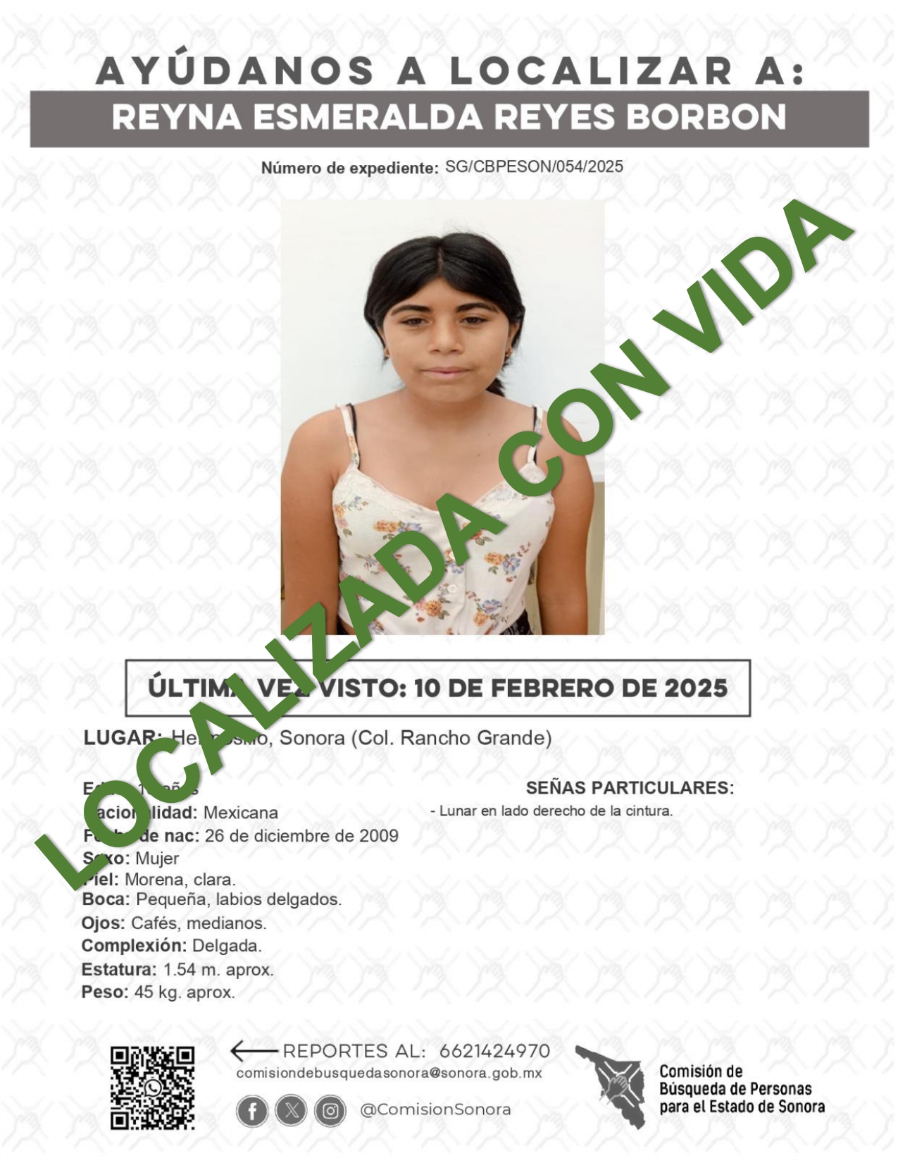 REYNA ESMERALDA REYES BORBON - LOCALIZADA CON VIDA