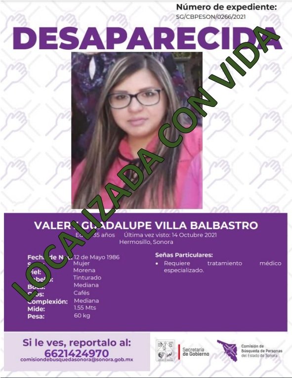 VALERY GUADALUPE VILLA BALBASTRO - LOCALIZADA CON VIDA