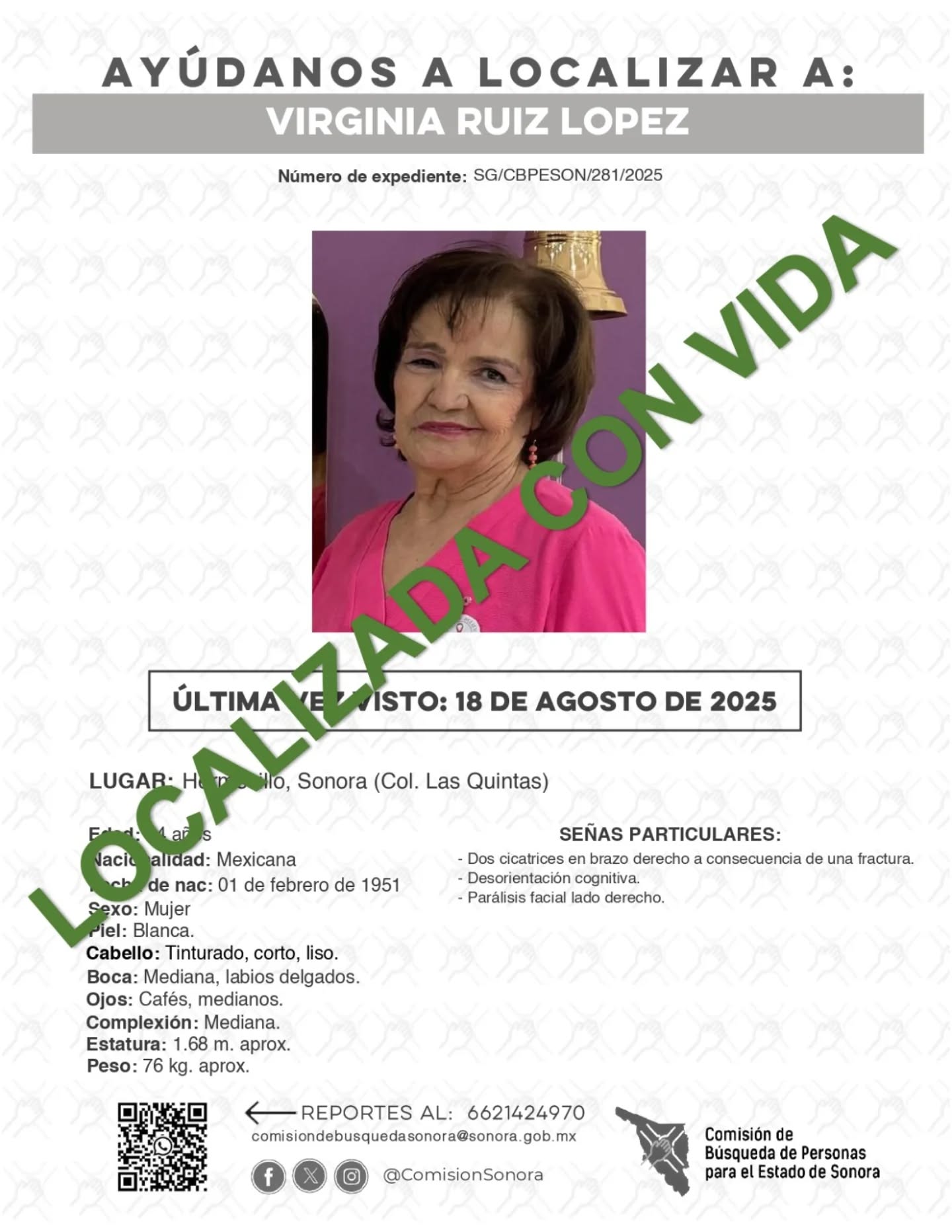 VIRGINIA RUIZ LOPEZ - LOCALIZADA CON VIDA