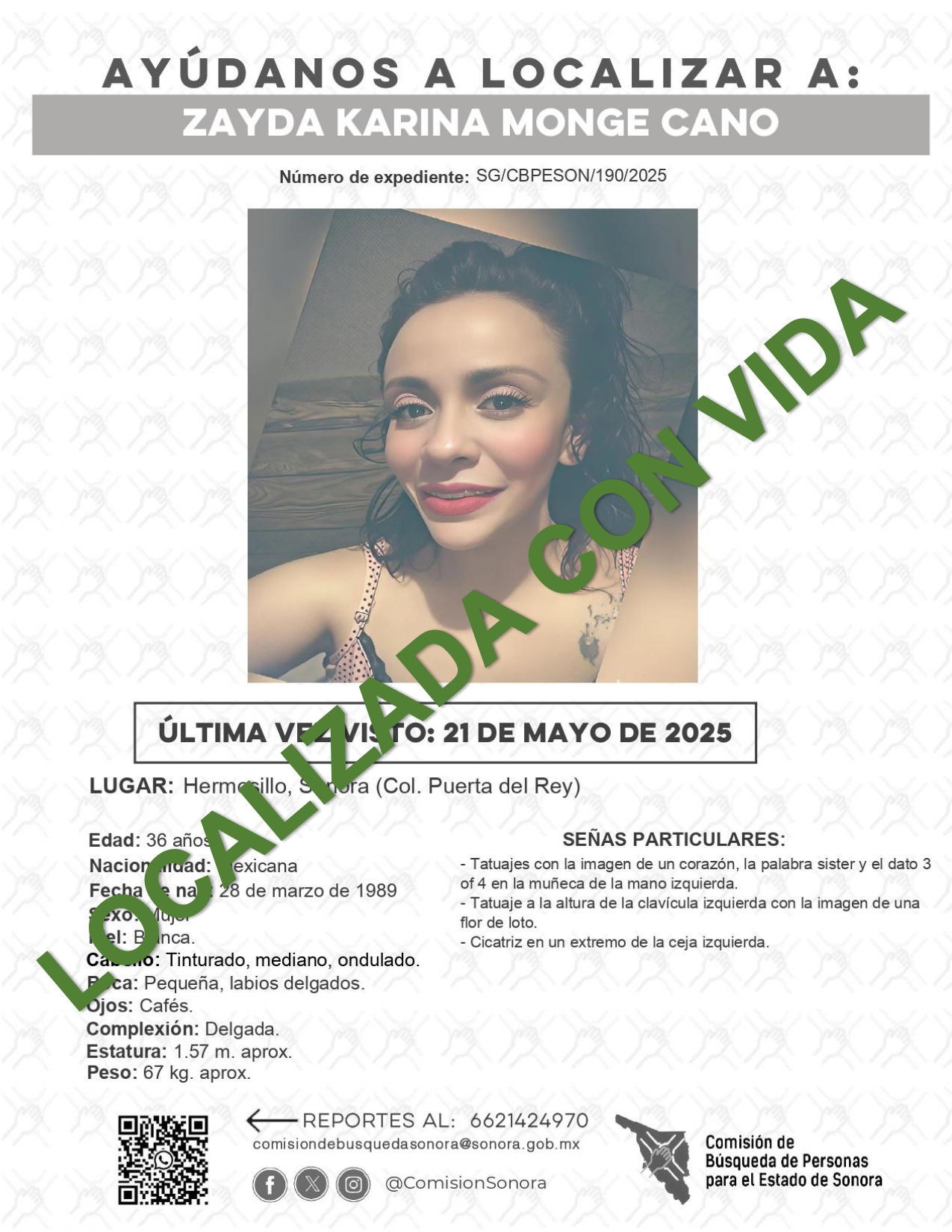 ZAYDA KARINA MONGE CANO - LOCALIZADA CON VIDA