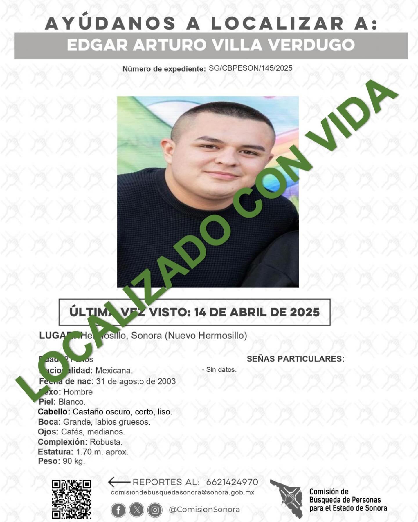 EDGAR ARTURO VILLA VERDUGO - LOCALIZADO CON VIDA